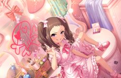 brown_hair cosmetics drawer drawing_(object) dress forehead frilled_dress frills game_cg grin heart high_heels idolmaster idolmaster_cinderella_girls idolmaster_cinderella_girls_starlight_stage jewelry koseki_reina lipstick_tube makeup_brush mirror necklace official_art pink_dress purple_eyes reflection ribbon sitting skull smile twintails