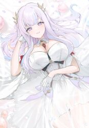 1girl absurdres azur_lane between_breasts black_necktie blue_hair blush breasts commentary dress flower flower-shaped_pupils gloves gradient_eyes gurami_(zangizarang) hair_flower hair_ornament highres lace lace-trimmed_dress lace_trim large_breasts long_hair looking_at_viewer lying multicolored_eyes multicolored_hair necktie necktie_between_breasts on_back pink_eyes pink_hair plymouth_(azur_lane) red_necktie smile solo streaked_hair symbol-shaped_pupils underbust white_dress white_gloves