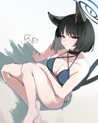 1girl absurdres animal_ears bare_shoulders bikini black_bikini black_eyes black_hair blue_archive blue_bikini breasts cat_ears cat_tail choker cleavage eyeliner halo highres kikyou_(blue_archive) kikyou_(swimsuit)_(blue_archive) layered_bikini looking_at_viewer makeup medium_breasts multiple_tails parted_bangs s4ika short_hair sitting solo swimsuit tail two_tails