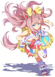 Rule 34 | 1girl, absurdres, agnes digital (umamusume), animal ears, blue eyes, breasts, closed mouth, commentary request, fingernails, full body, highres, horse ears, horse girl, horse tail, long hair, looking at viewer, pink hair, ribbon, running, serious, shadow, small breasts, solo, standing, standing on one leg, tail, twitter username, umamusume, white background, zukki (bijitaru)