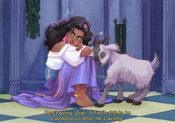 1girl artist_name barefoot black_hair bracelet clothing_cutout dark-skinned_female dark_skin djali_(disney) earrings english_text esmeralda_(disney) goat gold_anklet gold_bracelet gold_earrings green_eyes hoop_earrings indoors jewelry long_hair looking_to_the_side luztapiaart purple_skirt shirt shoulder_cutout sitting skirt subtitled the_hunchback_of_notre_dame_(disney) watermark white_shirt