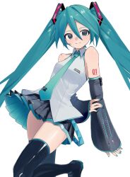 1girl aqua_eyes aqua_hair arm_behind_back bare_shoulders black_boots black_skirt blue_nails boots closed_mouth detached_sleeves foot_out_of_frame hair_between_eyes hair_ornament hatsune_miku highres koko_niiru leg_up light_blush light_smile long_hair looking_at_viewer necktie number_tattoo pleated_skirt simple_background skirt sleeveless solo standing standing_on_one_leg tattoo thigh_boots twintails vocaloid white_background