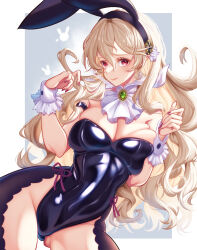 1girl animal_ear_headwear animal_ears artist_name bare_shoulders black_leotard blonde_hair breasts cleavage closed_mouth commentary_request corrin_(female)_(fire_emblem) corrin_(fire_emblem) detached_collar fake_animal_ears fire_emblem fire_emblem_fates frills gluteal_fold hair_between_eyes highres karashino large_breasts leotard long_hair nail_polish nintendo playboy_bunny pointy_ears rabbit_ears red_eyes red_nails signature solo strapless strapless_leotard wavy_hair wrist_cuffs