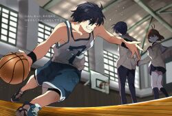 1girl 2boys ahoge ball basketball_(object) black_skirt black_socks blue_eyes blue_hair blue_shirt blue_shoes brown_eyes brown_hair clannad furukawa_nagisa japanese_text looking_at_another multiple_boys okazaki_tomoya sailor_collar school_uniform shirt shoes skirt sneakers socks sportswear takumi_(scya) translation_request yellow_shirt