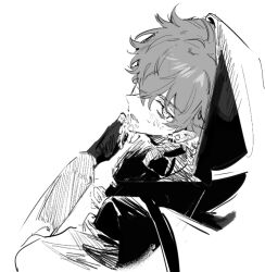 Rule 34 | 1boy, earrings, greyscale, hair between eyes, hair over one eye, hood, hood up, jewelry, long sleeves, looking at viewer, looking back, male focus, monochrome, open mouth, original, qyzhiaiyisheng, simple background, sketch, solo, sweat, upper body, white background