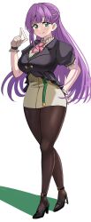 1girl absurdres black_footwear black_jacket black_pantyhose blazer blush bow bowtie breasts center_frills chalk closed_mouth commentary_request ereka frills full_body green_eyes half_updo high_heels highres holding holding_chalk jacket large_breasts link!_like!_love_live! long_hair looking_at_viewer love_live! miniskirt official_alternate_costume oshiete_teacher_(love_live!) otomune_kozue pantyhose pencil_skirt pink_bow pink_bowtie puffy_short_sleeves puffy_sleeves purple_hair shadow shirt short-sleeved_jacket short_sleeves simple_background single_sidelock skirt smile solo split_mouth stiletto_heels thick_thighs thighs virtual_youtuber white_background white_shirt white_skirt