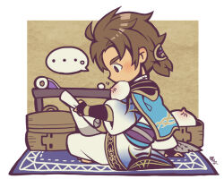 ... 1boy arm_support bamboo_steamer steamed_bun black_eyes black_gloves blush border brown_hair chibi chibi_only food food_in_mouth from_side full_body gloves holding holding_scroll kotorai male_focus reading rug scroll shin_sangoku_musou short_hair signature sima_zhao sitting solo speech_bubble spoken_ellipsis white_border
