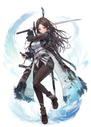 Rule 34 | 1girl, belt, breasts, brown eyes, brown hair, coat, dragon raja, dual wielding, highres, holding, holding sword, holding weapon, large breasts, long coat, long hair, looking at viewer, official art, open clothes, open coat, pants, pointy ears, solo, sword, tight clothes, tight pants, weapon, zerocat