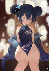 1girl absurdres bare_legs black_dress black_hair blue_archive blurry blurry_background breasts butterfly_hair_ornament china_dress chinese_clothes coat commentary_request double_bun dragon_print dress feet_out_of_frame grey_coat groin hair_bun hair_ornament halo highres kisaki_(blue_archive) knees_together_feet_apart loli long_hair looking_at_viewer momobug22 no_panties pelvic_curtain pinstripe_pattern sitting sleeveless sleeveless_dress small_breasts solo twintails very_long_hair