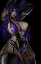 1girl absurdres arm_tattoo arms_behind_head aruiu black_background black_garter_straps black_gloves black_one-piece_swimsuit black_thighhighs breasts center_opening cleavage commission elbow_gloves flower_tattoo garter_straps gloves highres huge_breasts latex latex_gloves latex_thighhighs leg_tattoo lips long_hair looking_at_viewer nose o-ring one-piece_swimsuit original purple_eyes purple_hair shoulder_tattoo simple_background solo swimsuit tattoo thighhighs zipper