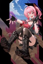 1girl ;d ahoge ar-15 ass assault_rifle bare_shoulders black_boots black_choker black_gloves black_skirt boots breasts brown_thighhighs choker cleavage convenient_leg criss-cross_halter fingerless_gloves gloves gun hair_ornament hair_ribbon hairclip halterneck highres holding holding_gun holding_weapon knee_boots lace-up_boots large_breasts looking_at_viewer miniskirt novelpia off_shoulder one_eye_closed open_mouth original pink_eyes pink_hair pleated_skirt red_shirt rega ribbon rifle scrunchie shirt short_sleeves side_ponytail skirt smile solo spaghetti_strap thigh_strap thighhighs torn_clothes torn_thighhighs weapon wrist_scrunchie zipper_pull_tab
