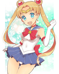 1girl bishoujo_senshi_sailor_moon blonde_hair blue_eyes blue_sailor_collar blue_skirt choker crescent crescent_choker crescent_earrings earrings elbow_gloves gloves jewelry long_hair magical_girl niku_jill open_mouth panties red_choker sailor_collar sailor_moon sailor_senshi sailor_senshi_uniform skirt solo thighs tsukino_usagi twintails underwear white_panties