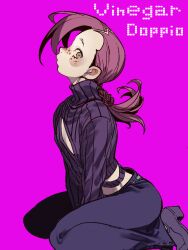 1boy between_legs blush braid brown_eyes character_name cleavage_cutout clothing_cutout eyelashes freckles from_side hand_between_legs high_contrast highres jojo_no_kimyou_na_bouken kneeling long_bangs long_hair looking_at_viewer male_focus pants parted_lips pink_background purple_pants purple_shoes purple_sweater raised_eyebrows sen_(aypj8447) shoes solo sweater trap vento_aureo vinegar_doppio