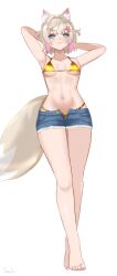 1girl animal_ears arms_behind_head arms_up barefoot bikini blonde_hair blue_eyes breasts commentary denim denim_shorts dog_ears dog_girl dog_tail feet gold_bikini hair_ornament highres hololive hololive_english mococo_abyssgard multicolored_hair navel pink_hair senpaisif short_shorts shorts simple_background small_breasts solo streaked_hair swimsuit tail toes virtual_youtuber white_background x_hair_ornament