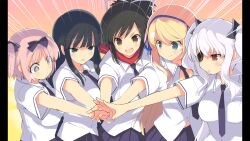 5girls ;d ;o absurdres asuka_(senran_kagura) black_hair black_ribbon blonde_hair blue_eyes blue_necktie blue_ribbon blue_skirt blush breasts brown_eyes commentary_request eyepatch furrowed_brow game_cg green_eyes hair_ornament hair_ribbon hanzou_academy_school_uniform hibari_(senran_kagura) highres ikaruga_(senran_kagura) katsuragi_(senran_kagura) large_breasts long_hair multiple_girls necktie non-web_source official_art one_eye_closed open_clothes open_mouth open_shirt outstretched_arms pillarboxed pink_hair ponytail red_eyes red_scarf ribbon scarf school_uniform senran_kagura senran_kagura_burst shirt short_hair short_twintails shuriken skirt smile symbol-shaped_pupils twintails weapon white_hair white_ribbon white_shirt yaegashi_nan yagyu_(senran_kagura)