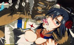 Rule 34 | 1boy, 1girl, age difference, ahoge, black hair, boots, breasts, clothed female nude male, clothed sex, commentary request, facial hair, flower, french kiss, hair flower, hair ornament, hetero, idolmaster, idolmaster (classic), kikuchi makoto, kiss, lostunicorn, marker (medium), mustache, nipples, nude, panties, panties around leg, saliva, sex, short hair, starpiece memories, sweat, tears, text focus, tongue, tongue out, traditional media, underwear