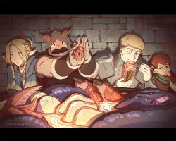 1girl 3boys beard brown_hair caro_oliveira chilchuck_tims chopsticks dragon dungeon_meshi dwarf eating elf facial_hair fake_horns helmet horned_helmet horns laios_touden long_beard looking_at_viewer marcille_donato multiple_boys mustache nausea outstretched_arms pointy_ears senshi_(dungeon_meshi) sweatdrop thick_mustache upper_body very_long_beard wok