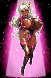 1girl alternate_skin_color areola_slip black_boots blonde_hair blush boots breasts brown_gloves cleavage covered_erect_nipples dark-skinned_female dark_skin eyebrows_hidden_by_hair finger_to_own_chin fishnet_gloves fishnet_thighhighs fishnets full_body garter_belt gloves grin groin hair_ribbon highres huge_breasts inverted_nipples kantai_collection large_areolae large_variant_set lips long_hair looking_at_viewer naganami_(kancolle) open_mouth pubic_tattoo ribbon smile solo super_highleg taimanin_suit tattoo teeth thighhighs vambraces variant_set yellow_eyes yellow_ribbon yoshi_tama