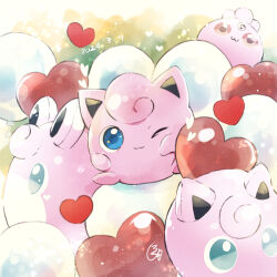 ;3 asakirirokuyu blue_eyes closed_mouth commentary_request creatures_(company) dated game_freak gen_1_pokemon gen_2_pokemon heart highres igglybuff jigglypuff looking_at_viewer nintendo no_humans one_eye_closed pokemon pokemon_(creature) signature sitting smile