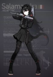 1girl absurdres ankle_boots beretta_93r black_boots black_gloves black_hair black_horns black_leggings black_pantyhose black_skirt boots character_name closed_mouth commentary dual_wielding english_commentary flag full_body gloves gun hair_between_eyes handgun hands_up highres holding holding_gun holding_weapon horns italian_flag italy jerry_wang knife lace-up_boots leggings legs_apart lizard_tail long_hair long_sleeves looking_at_viewer military_operator military_uniform o-ring o-ring_thigh_strap original pale_skin pantyhose piercing pleated_skirt puffy_long_sleeves puffy_sleeves red_eyes salamandra_(jerry_wang) sheath sheathed skirt solo standing tachi-e tactical_clothes tail tail_ornament tail_piercing thigh_strap trigger_discipline v v-shaped_eyebrows weapon weapon_request