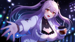 1girl 60mai ahoge black_ribbon black_skirt blurry blurry_background breasts cat_cutout cleavage cleavage_cutout clothing_cutout cup disposable_coffee_cup disposable_cup grey_hair hair_ribbon holding holding_cup indie_virtual_youtuber jacket large_breasts leaning_forward long_hair long_sleeves nasai_ikumi night night_sky open_clothes open_jacket open_mouth pink_nails pleated_skirt red_eyes ribbon skirt sky solo two_side_up virtual_youtuber white_jacket