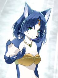 1girl :3 animal_ear_fluff animal_ears animal_nose aqua_eyes arm_up bandeau bare_shoulders blue_background blue_fur blue_hair body_fur breasts circlet claws cleavage closed_mouth collarbone crystal female_focus fox_ears fox_girl furry furry_female gem gold green_gemstone happy highres jewelry krystal light_rays looking_at_viewer namagaki_yukina navel necklace nintendo reaching reaching_towards_viewer red_gemstone short_hair simple_background small_breasts smile snout solo standing star_fox star_fox_adventures stomach tribal two-tone_fur upper_body white_fur