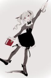 Rule 34 | 1girl, arm up, black ribbon, black shirt, black shoes, black skirt, black thighhighs, book, dropping, floating hair, frown, full body, furrowed brow, grey background, grey hair, hair ribbon, high-waist skirt, highres, holding, holding umbrella, idolmaster, idolmaster cinderella girls, imay3927, kanzaki ranko, long hair, long sleeves, looking up, nervous, open mouth, red eyes, ribbon, shirt, shoes, simple background, skirt, solo, standing, standing on one leg, thighhighs, twintails, umbrella