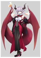 1girl alternate_costume bare_shoulders blush clothing_cutout dragon_girl dragon_horns dragon_tail dragon_wings dress elbow_gloves fiery_hair full_body gloves high_heels highres horns navel_cutout pantyhose pointy_ears purple_eyes purple_hair short_hair_with_long_locks smile solo tail voiceroid wings yuzuki_yukari zooanime