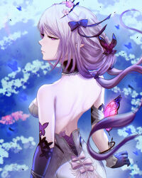 1girl asymmetrical_gloves back bare_shoulders bow breasts castorice_(honkai:_star_rail) closed_mouth commentary dress elbow_gloves flower gloves hair_bow hair_flower hair_ornament half-closed_eye highres honkai:_star_rail honkai_(series) large_breasts long_hair looking_afar looking_to_the_side mcdobo median_furrow pink_flower pointy_ears purple_bow purple_eyes purple_gloves purple_hair shoulder_blades single_elbow_glove solo uneven_gloves very_long_hair white_dress