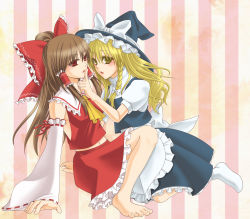 2girls blonde_hair bow braid brown_hair detached_sleeves female_focus hair_bow hakurei_reimu hat highres japanese_clothes kirisame_marisa long_hair miko multiple_girls nia nia_(littlestars) red_eyes touhou witch witch_hat yellow_eyes
