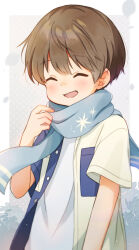 1boy ^_^ absurdres arm_up blue_scarf border brown_hair child closed_eyes commentary_request dot_nose double-parted_bangs far_tarooo hair_between_eyes highres male_focus open_clothes open_mouth open_shirt original outside_border scarf shirt short_hair short_sleeves solo upper_body white_border white_shirt