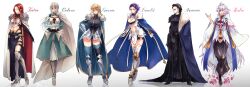 6+girls agravain_(fate) ahoge airgetlam_(fate) armor armored_boots armored_dress arms_at_sides asymmetrical_legwear bare_shoulders bedivere_(fate) belly belt black_armor black_footwear black_gloves black_pants blue_cape blue_eyes boots breast_cutout breastplate breasts cape character_name cleavage cleavage_cutout closed_eyes clothing_cutout collarbone contrapposto crop_top dress fate/grand_order fate_(series) faulds full_armor full_body fur-trimmed_cape fur_trim gauntlets gawain_(fate) genderswap genderswap_(mtf) glaring gloves gluteal_fold greaves green_dress green_eyes grey_eyes grey_hair hair_between_eyes hair_over_shoulder hand_on_own_hip hand_up highres hood hood_down hooded_robe juliet_sleeves lancelot_(fate/grand_order) large_breasts leg_up legs_apart leotard light_frown long_hair long_sleeves looking_at_viewer low_twintails medium_breasts medium_hair merlin_(fate) messy_hair midriff multiple_girls multiple_views navel one_eye_closed open_mouth pants pauldrons prosthesis prosthetic_arm puffy_sleeves purple_armor purple_eyes purple_hair red_hair revealing_clothes robe sheath sheathed shioika shoulder_armor side_slit simple_background single_gauntlet smile standing sweatdrop swept_bangs sword thigh_belt thigh_boots thigh_gap thigh_strap thighhighs thighs tristan_(fate) twintails underboob underboob_cutout v-shaped_eyebrows weapon white_background white_cape white_footwear white_hair white_robe wide_sleeves