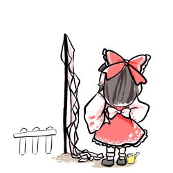 1girl bow brown_hair detached_sleeves frilled_bow frilled_hair_tubes frills from_behind gohei hair_bow hair_tubes hakurei_reimu hands_on_own_hips highres long_hair paw_print paw_print_pattern print_skirt red_bow red_skirt ribbon-trimmed_sleeves ribbon_trim shoes simple_background skirt skirt_set socks solo tanishi_0 touhou unfinished_dream_of_all_living_ghost watering_can white_background white_socks