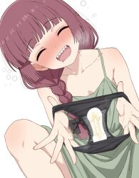 Rule 34 | 1girl, bare shoulders, black bow, black panties, blush, bocchi the rock!, bow, braid, braided ponytail, breasts, closed mouth, collarbone, commission, dress, drooling, earrings, facing viewer, green dress, hair bow, hair over shoulder, highres, hiroi kikuri, holding, holding panties, holding underwear, holding unworn clothes, jewelry, long hair, menstrual pad, mouth drool, no bra, no panties, open mouth, panties, pixiv commission, presenting removed panties, red hair, sharp teeth, simple background, small breasts, smile, solo, teeth, thighs, to bari, underwear, white background
