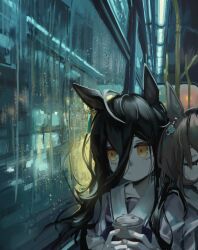 2girls agnes_tachyon_(umamusume) ahoge brown_hair bus_interior ceiling_light chemical_structure closed_eyes closed_mouth cup disposable_cup dom1 ear_tag earrings expressionless hair_between_eyes hair_ribbon hand_grip head_on_another&#039;s_shoulder holding holding_cup jewelry long_hair long_hair_between_eyes looking_outside manhattan_cafe_(umamusume) medium_hair multicolored_hair multiple_girls ribbon school_uniform single_earring sleeping sleeping_upright tracen_school_uniform umamusume very_long_hair water_drop white_hair window yellow_eyes