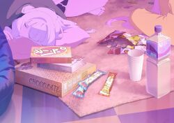 barefoot blue_archive blue_shorts bottle chihiro_(blue_archive) chihiro_(pajamas)_(blue_archive) chips_(food) closed_eyes dolphin_shorts food grey_hair hare_(blue_archive) hare_(camp)_(blue_archive) highres koyuki_(blue_archive) koyuki_(pajamas)_(blue_archive) non-web_source official_alternate_costume official_alternate_hairstyle official_art pajamas potato_chips shorts sleeping under_covers water_bottle yellow_pajamas