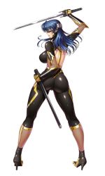 1girl armor ass back blue_hair bodysuit breasts covered_eyes curvy female_focus full_body gold_armor gold_trim highres holding holding_sword holding_weapon katana kneepits large_breasts legs_apart lilith-soft long_hair looking_back shika_asatsuki simple_background skin_tight smile solo standing sword taimanin_(series) taimanin_asagi taimanin_asagi_kessen_arena taimanin_rpgx thighs weapon white_background zol