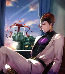 Rule 34 | 1boy, black sweater, blue sky, brown eyes, brown hair, closed mouth, cloud, cloudy sky, coat, curtains, earrings, gift, highres, holding, holding gift, indoors, jewelry, jojo no kimyou na bouken, long sleeves, male focus, osiris (stand), pants, sky, solo, stand (jojo), stardust crusaders, sweater, terence t. d&#039;arby, turtleneck, turtleneck sweater, white coat, white pants, window, zouhyou (at4190)
