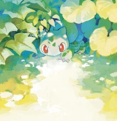 bright_pupils bulbasaur claws day gen_1_pokemon highres leaf nashiro_o77o nintendo no_humans outdoors pokemon pokemon_(creature) red_eyes solo twitter_username watermark white_pupils