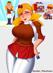 1girl absurdres blonde_hair breasts curvy highres huge_breasts jacket large_breasts leather leather_jacket looking_at_viewer mature_female non-web_source open_mouth original pants red_shirt shirt simple_background smile standing white_pants