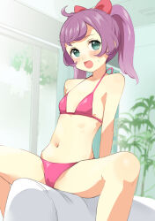 1girl absurdres bikini blush bow breasts commentary_request cushion green_eyes hair_bow highres hyakumangoku_masurao indoors looking_at_viewer manaka_laala medium_hair navel open_mouth pink_bikini pretty_series pripara purple_hair pussy_juice_stain sitting small_breasts smile solo spread_legs sweatdrop swimsuit twintails