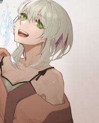 1girl breasts brown_sweater camisole cleavage collarbone commentary deka_yo english_commentary green_camisole green_eyes grey_background grey_hair head_tilt highres medium_hair miyu_ottavia miyu_ottavia_(1st_costume) nijisanji nijisanji_id off_shoulder open_mouth polka_dot_camisole small_breasts smile solo sweater virtual_youtuber water