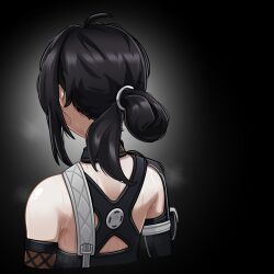 Rule 34 | 1girl, absurdres, ahoge, back, bare shoulders, black background, black hair, chest strap, commentary, criss-cross back-straps, cropped torso, english commentary, fiery (ahhh7475), from behind, grace howard, hair focus, highres, long hair, ponytail, profile, sidelocks, simple background, solo, steam, sweat, undone ponytail, upper body, variant set, zenless zone zero