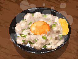 Rule 34 | bowl, egg yolk, food, food focus, fried rice, highres, hisachan55cute, no humans, on table, original, pixel art, rice, scenery, spring onion, steam, steaming food, table, tamagokake gohan, wooden table