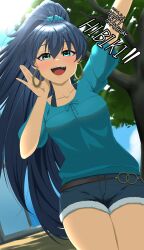 1girl absurdres ahoge antenna_hair aqua_eyes aqua_shirt arm_up artist_request black_hair blush breasts collarbone day denim denim_shorts earrings eyelashes fang female_focus ganaha_hibiki hair_between_eyes hair_ornament hair_scrunchie hand_up happy happy_birthday high_ponytail highres hoop_earrings idolmaster idolmaster_(classic) jewelry legs_together long_hair looking_at_viewer medium_breasts namco neck open_mouth outdoors ponytail scrunchie shirt short_shorts short_sleeves shorts sidelocks sky standing thighs tree wide_ponytail