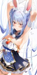 1girl animal_ear_fluff animal_ears armpits arms_behind_head arms_up bare_shoulders blue_hair blush breasts detached_collar don-chan_(usada_pekora) dress ghost gold_trim highres hololive kasumi_komo long_hair looking_at_viewer orange_eyes rabbit_ears rabbit_girl short_eyebrows small_breasts smile solo tassel thick_eyebrows usada_pekora usada_pekora_(10th_costume) virtual_youtuber
