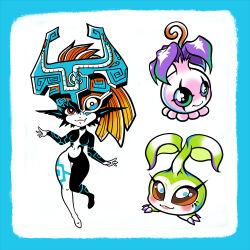 1girl blush breasts brown_eyes claws digimon fang fang_out full_body green_eyes helmet leaf looking_at_viewer midna nintendo one_eye_covered orange_hair pointy_ears pyocomon rancid_yogurt tanemon the_legend_of_zelda thighs