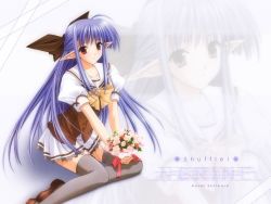 00s 1girl black_thighhighs blue_hair bouquet bow female_focus flower hair_bow half_updo long_hair nerine pleated_skirt pointy_ears red_eyes school_uniform serafuku shuffle! skirt solo suzuhira_hiro thighhighs zettai_ryouiki