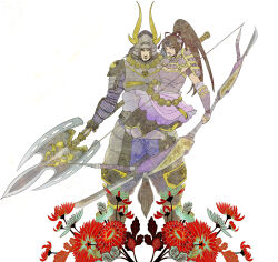 Rule 34 | arm around neck, armor, black hair, bow (weapon), brown eyes, carrying, carrying person, fake horns, father and daughter, flower, headband, helmet, honda tadakatsu, horned helmet, horns, inahime, long hair, miniskirt, pantyhose, polearm, ponytail, sengoku musou, skirt, spear, weapon