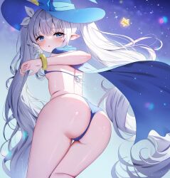 1girl absurdres arme_(cgsy7484) ass back blue_bra blue_eyes blue_hat blue_panties blush bra bracket breasts commission grey_hair hair_ribbon hat highres long_hair looking_at_viewer open_mouth original panties pointy_ears ribbon small_breasts star_(symbol) thighs twintails underwear very_long_hair white_hair witch